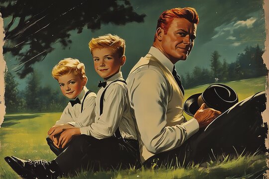 Father and two sons sitting on grass in vintage style