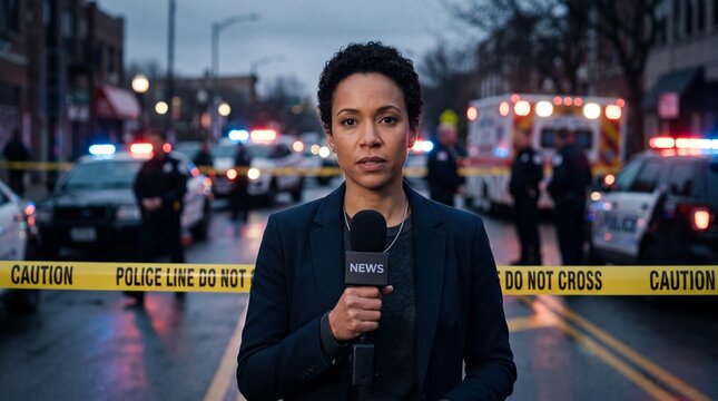 A professional female news reporter holding a microphone and reporting live from a city street blocked by yellow police line caution tape at dusk.