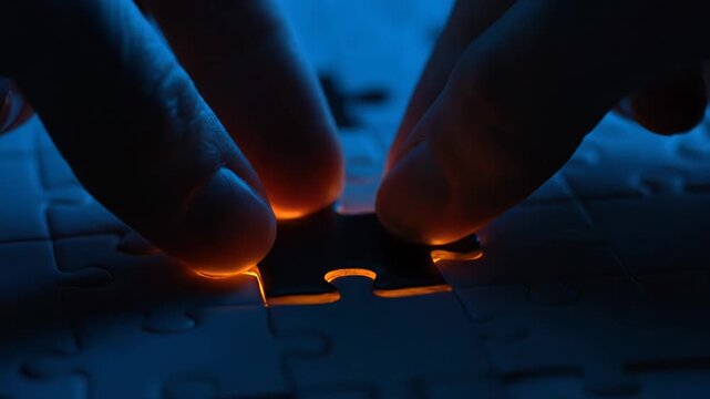 Close-up of hands placing the missing puzzle piece into a slot glowing with warm orange light