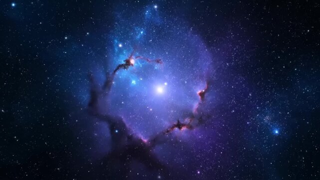 Breathtaking deep space animation of a glowing blue and purple nebula with a bright central star cluster