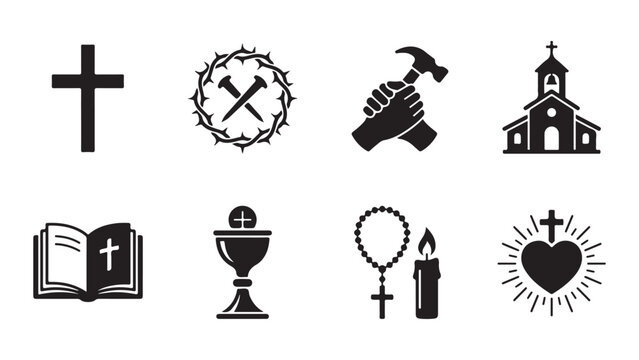 Christian Religious Icons Set Black and White Vector Illustration