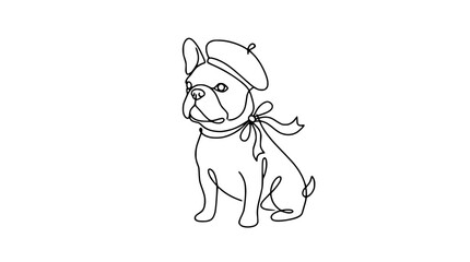 French Bulldog Wearing Beret and Scarf Line Art © Ipung