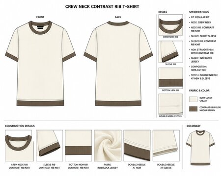 Crew neck t-shirt with contrast rib fashion flat sketch. Ringer tee flat drawing tech pack. Short sleeve t-shirt contrast neck and cuff technical drawing mock up. Fashion flat sketch, Tech pack.