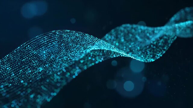 Abstract elegant blue particle ribbon wave flowing seamlessly on a dark background with bokeh lights