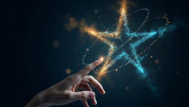 Close up human finger reaching out to touch a shimmering glowing star shape made of light particles against dark background.