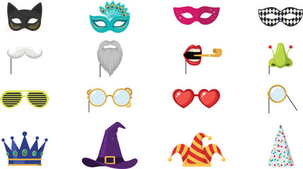 Carnival Masquerade Mask and Birthday Party Props Vector Set Featuring Witch Hat Crown Jester Hat Heart Glasses Mustache and Fun Disguise Elements © Sanjida Creative