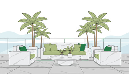Fototapeta premium Comfortable outdoor lounge area on a terrace featuring marble furniture, lush palm trees, and a scenic sea view for relaxing resort living.