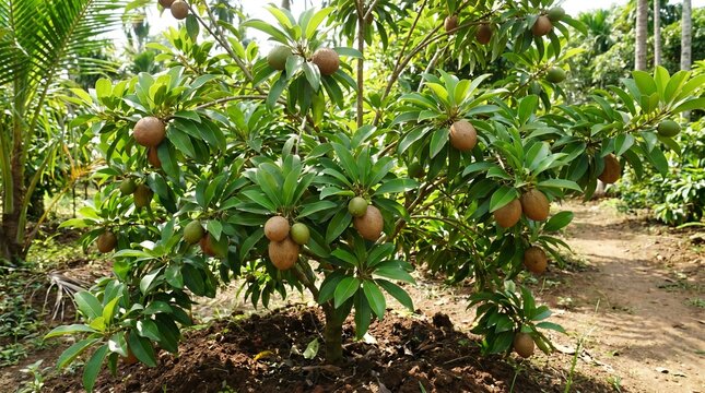 Sapodilla Tree Loaded with Ripe Sapodilla Fruits in a Tropical Orchard