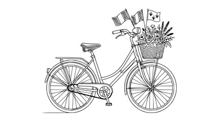 Line Art Bicycle with French Flags and Flower Basket