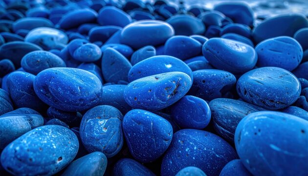 Smooth blue river stones and pebbles close up