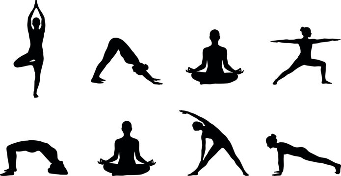 Black silhouettes of women practicing yoga poses and meditation isolated on white background