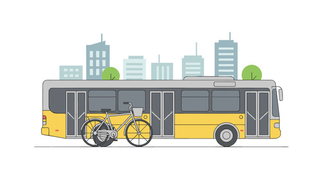 City bus parked near a bicycle on the street with urban buildings and trees in the background showing local public and cycling transportation.