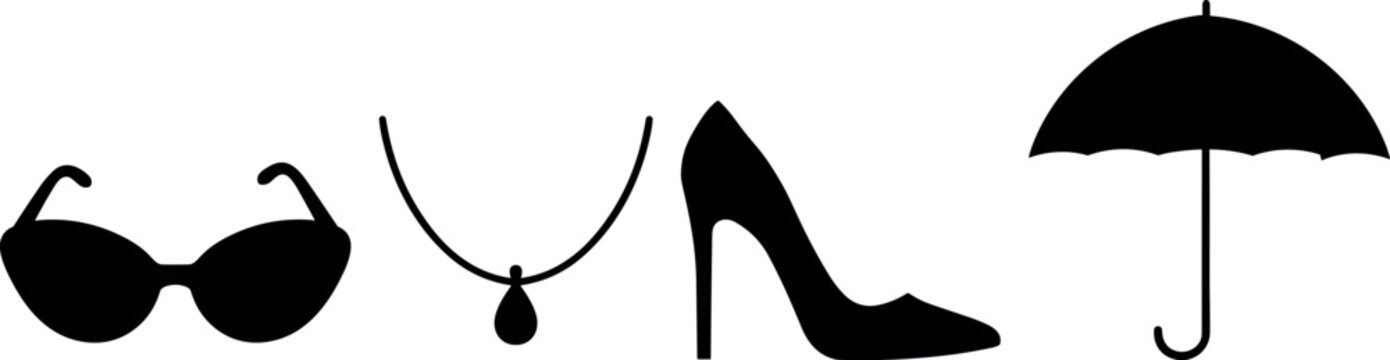 Black silhouettes of women fashion accessories sunglasses necklace high heel shoe and umbrella isolated on white background