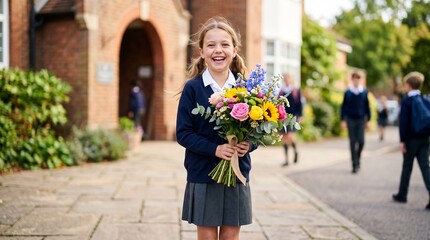 Fototapeta premium Schoolgirl holding bouquet of flowers in front of school, laughing student in uniform for teacher appreciation or graduation celebration concept