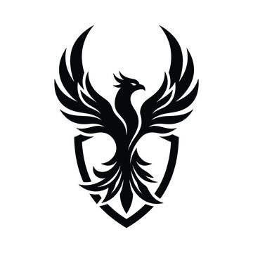Phoenix bird on shield silhouette heraldic vector logo