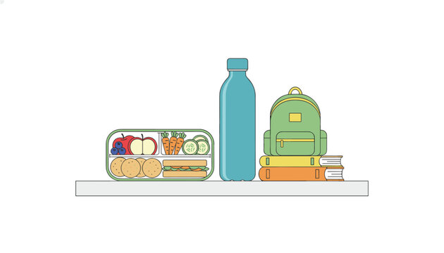 Healthy packed lunch concept with a bento box containing fresh vegetables, fruits, and crackers alongside a water bottle and school backpack.