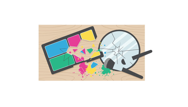 Broken cosmetic eyeshadow palette and shattered mirror with makeup brushes lying on a wooden texture background for beauty industry themes.