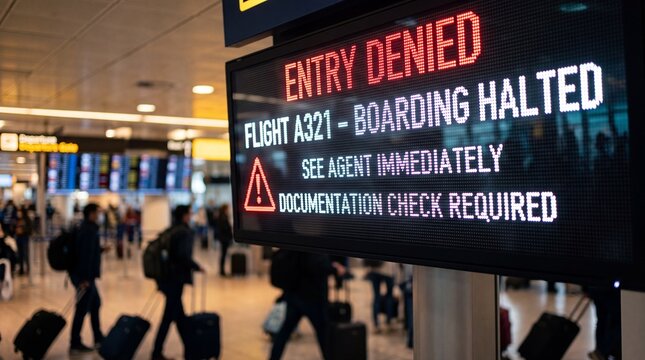 Digital airport flight information display board showing entry denied message and boarding halted notification for flight A321 with documentation check required