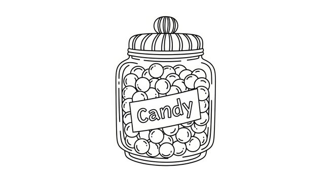 Black and white line art illustration of a glass candy jar filled with round sweets.