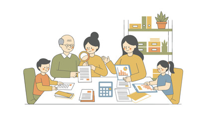 Fototapeta premium Financial consultant explains investment charts and documents to a multi-generational family sitting at a table with a magnifying glass.