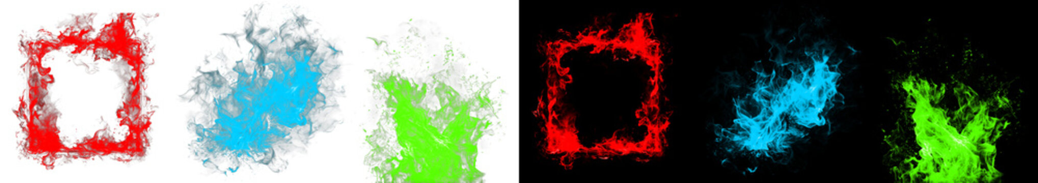 Abstract square frame with red blue and green magic fire effects on transparent and black backgrounds isolated design elements.