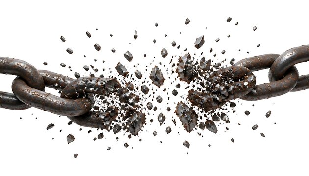 Broken heavy metal chain snapping apart with flying debris isolated on white background destruction strength shattered industrial liberation isolated fragment material security