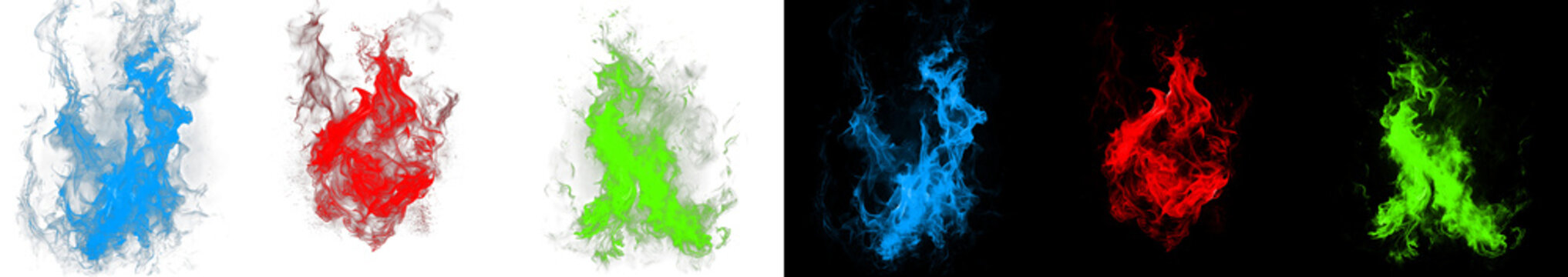 Vibrant colored fire elements in blue red and green shades isolated on grid and black backdrops for creative special video effects.