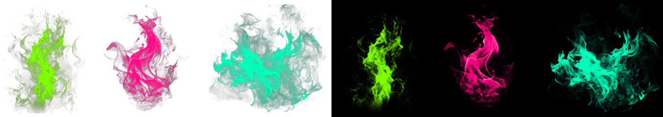 Three striking transparent fire effects in neon green, hot pink, and turquoise, presented on various backdrops. © Ontime Rahela