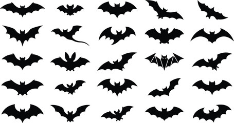 Fototapeta premium Bat Silhouette Icon Set, Halloween Flying Animal Vector Symbols Collection