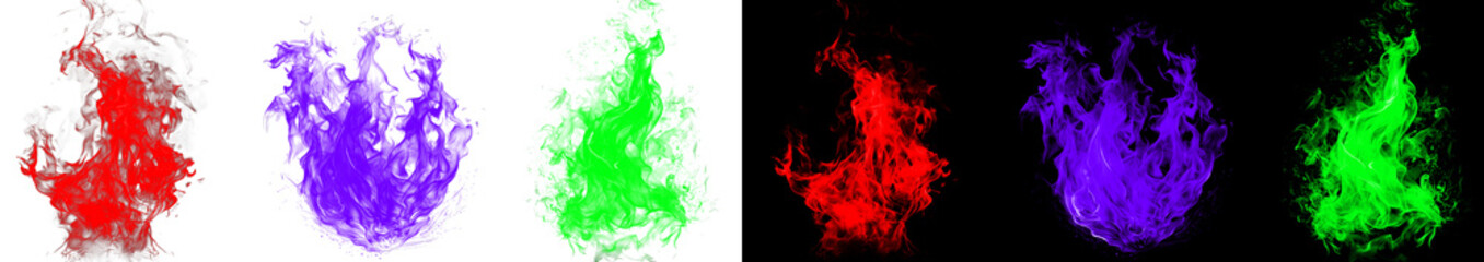 Collection of bold red purple and green fire flames isolated on transparent and black backgrounds for striking visual elements. © Ontime Rahela