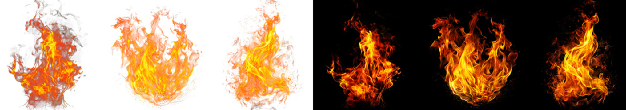 Set of vibrant fire flames isolated on transparent and black backgrounds representing intense energy heat and abstract burning effects.