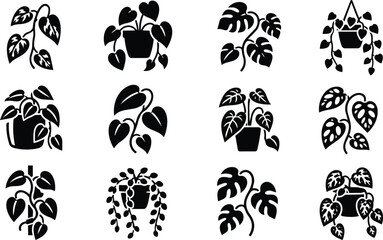 Fototapeta premium Black Silhouette Houseplants Vector Icons Set, Potted and Hanging Foliage.