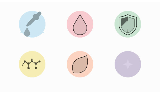 Cosmetic acid signs and flat vector icons for facial skincare products including lactic azelaic and ferulic treatments