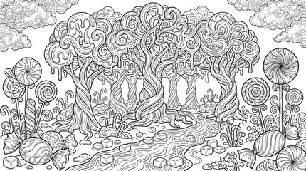 Obraz premium Fantasy Candy Forest Coloring Page with Lollipop Trees Swirling Woodland Stream and Whimsical Zentangle Landscape Outline Vector Illustration