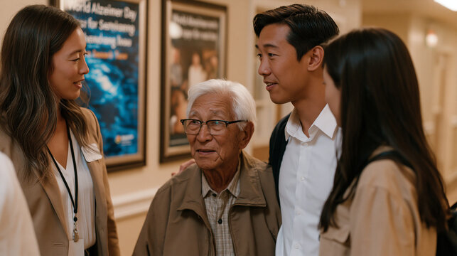 Multigenerational family touring a retirement community memory care wing, adult son translating the care coordinator's explanation for his elderly immigrant father, World Alzheimer's Day awareness p