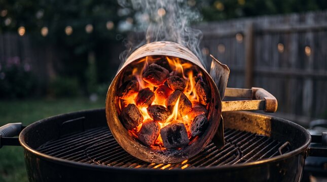 A metal chimney starter filled with glowing hot charcoal briquettes and bright orange flames sitting on a black outdoor backyard barbecue grill at dusk