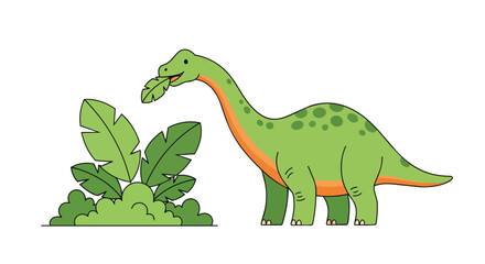 Fototapeta premium Cute Friendly Green Brontosaurus Dinosaur Eating Fresh Tropical Leaves in a Wild Jungle Nature Environment Graphic