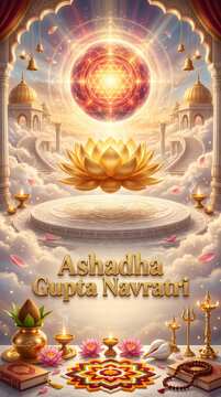 Divine ashadha gupta navratri celebration with golden lotus with ritual offerings spiritual festival