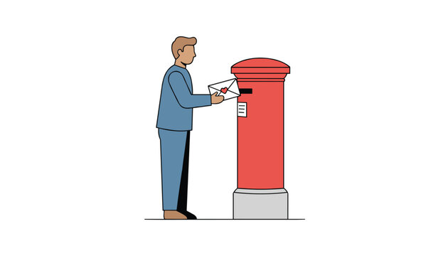 Young man standing and putting a white letter with a red heart into a tall red postbox while holding it to send a romantic message of love.