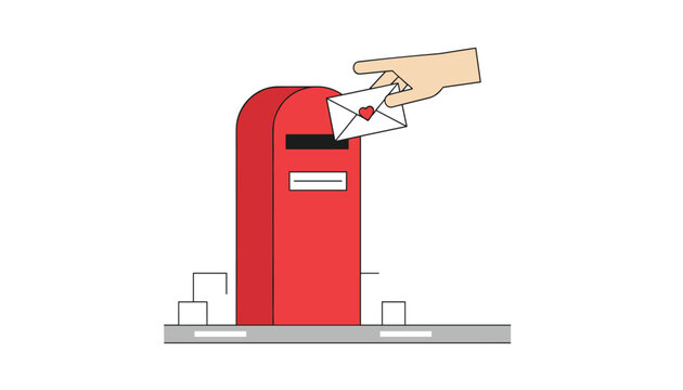 Person hand inserting a white envelope with a small red heart symbol into a traditional red postbox representing love, communication, or mail.