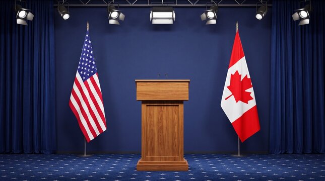 Empty wooden podium with United States and Canada flags on a blue background with studio lights for a press conference or political summit event.