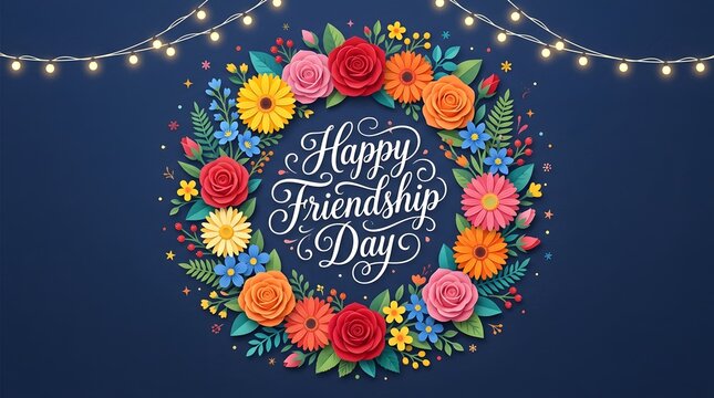 Happy friendship day wishes greeting card with colorful flowers and string lights