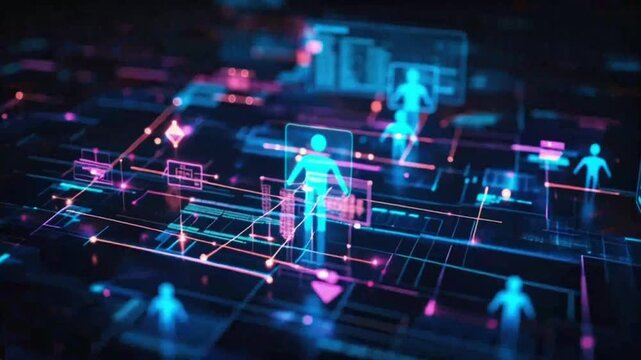 People interact with futuristic city grid network at night