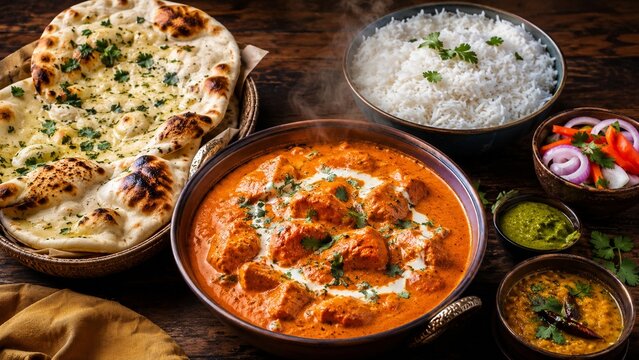 バターチキンカレーとナンのインド料理の食卓