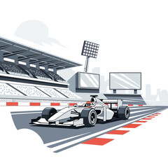 Obraz premium Formula 1 Race Car Speeding on Track with Grandstands and Stadium Lights