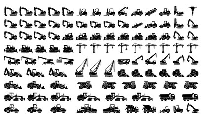 Construction Heavy Equipment Flat Icon Set with Excavators Bulldozers and Cranes Vector Illustration © Md