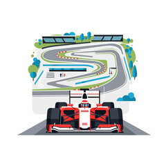 Obraz premium Formula 1 Racing Car on Track with Grandstands and Trees - Vector Illustration