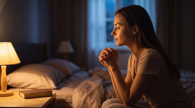 Young woman praying with closed eyes and hands clasped in bed at night in a dimly lit bedroom with a bedside lamp and book nearby