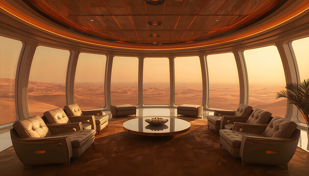 Futuristic Luxury Living Room on Planet Mars with Panoramic View