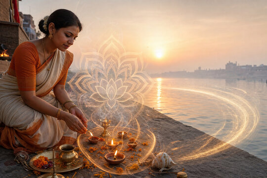 Dawn Ganges diya prayer overlay